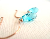 Rose Gold Earrings Aqua Turquoise Swarovski dangles Vitrine Gift for her Under 30 Spring Bright blue
