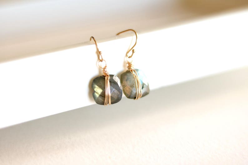 As Seen on Madam Secretary S5E1 Labradorite dangle earrings, grey seagreen blue, Isla square geometric drops under 75, VitrineDesigns image 3