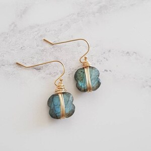 As Seen on Madam Secretary S5E1 Labradorite dangle earrings, grey seagreen blue, Isla square geometric drops under 75, VitrineDesigns image 2