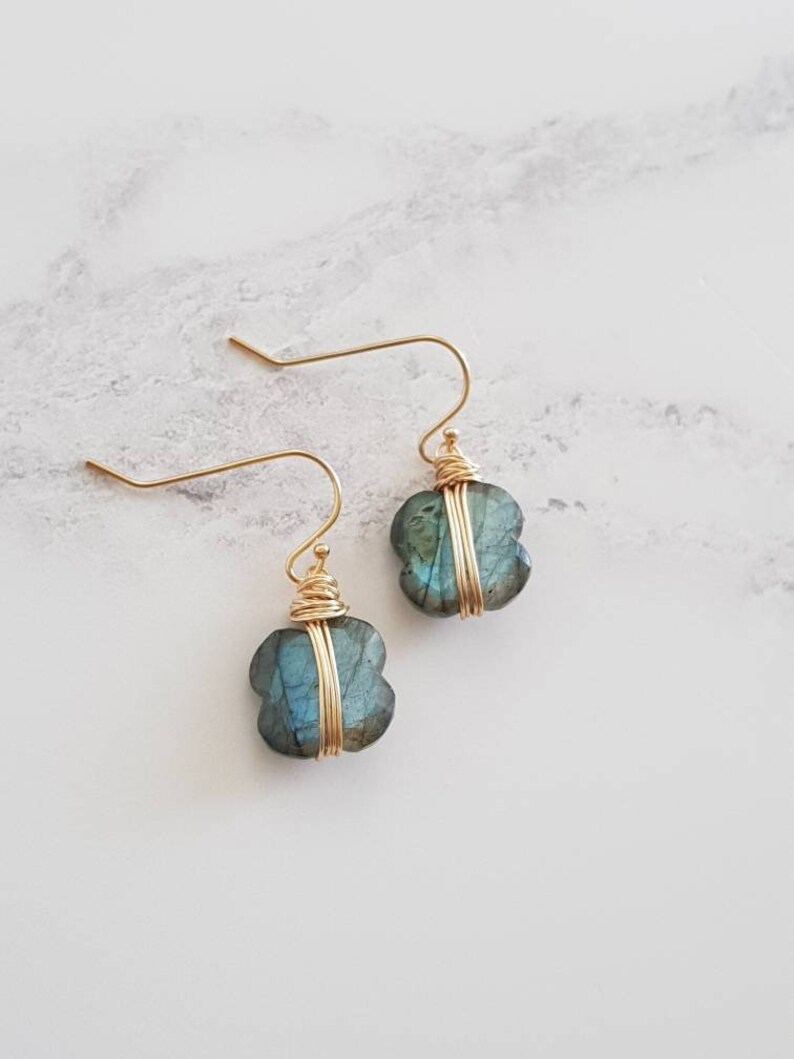 As Seen on Madam Secretary S5E1 Labradorite dangle earrings, grey seagreen blue, Isla square geometric drops under 75, VitrineDesigns image 2