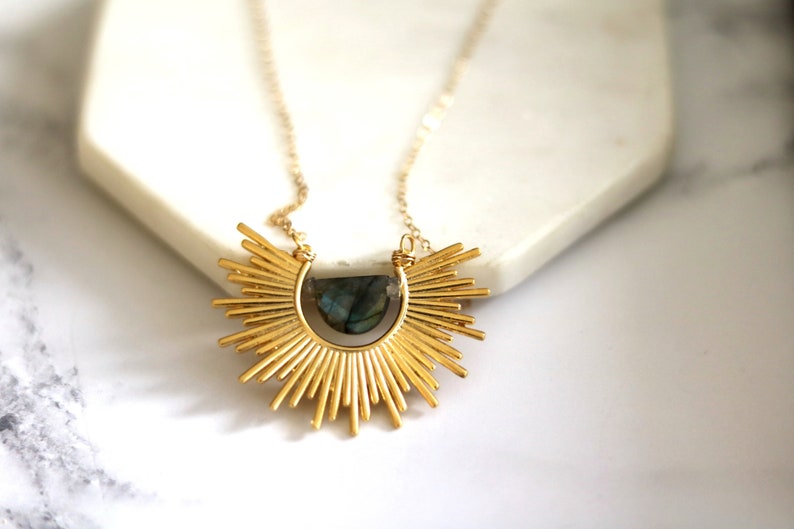 Sunburst Necklace with Black Copper Turquoise, as seen on Firefly LaneLabradorite, Rainbow moonstone VitrineDesigns Statement necklace image 8