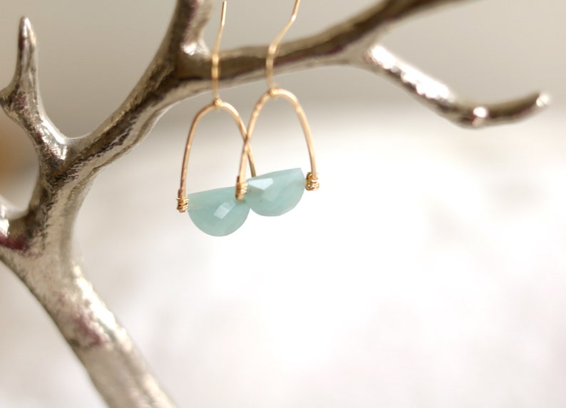 Aquamarine earrings March birthstone jewelry, blue and gold Art Deco earrings halfmoon Rockpool Earrings VitrineDesigns image 1