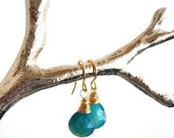 Teal Earrings Peacock Chalcedony drops Gold Gift for her Under 45 Vitrine Peacock Wedding Bridesmaid gift