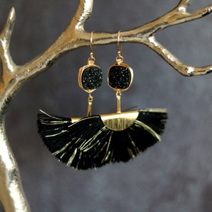 Black Druzy tassel earrings fan shape gold hoops statement earrings black and gold VitrineDesigns image 1