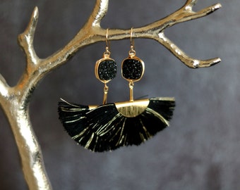 Black Druzy tassel earrings fan shape gold hoops statement earrings black and gold VitrineDesigns