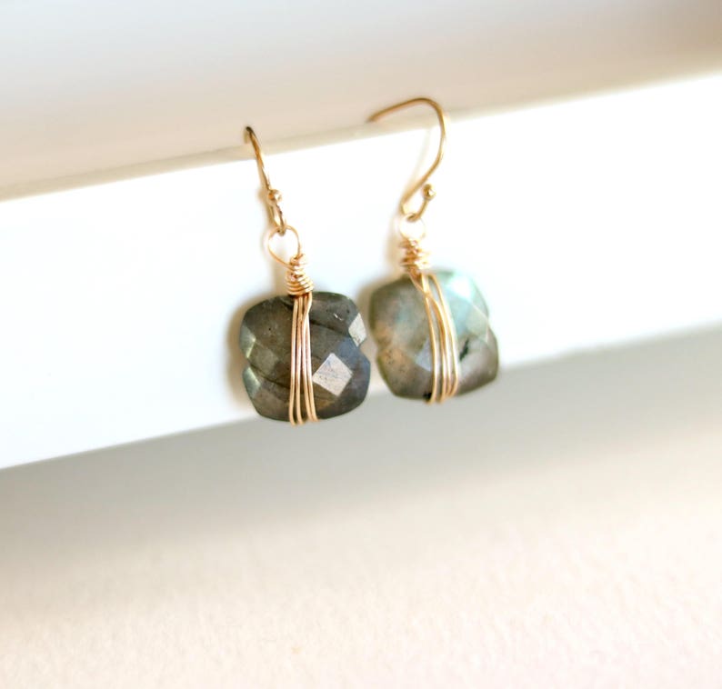 As Seen on Madam Secretary S5E1 Labradorite dangle earrings, grey seagreen blue, Isla square geometric drops under 75, VitrineDesigns image 9