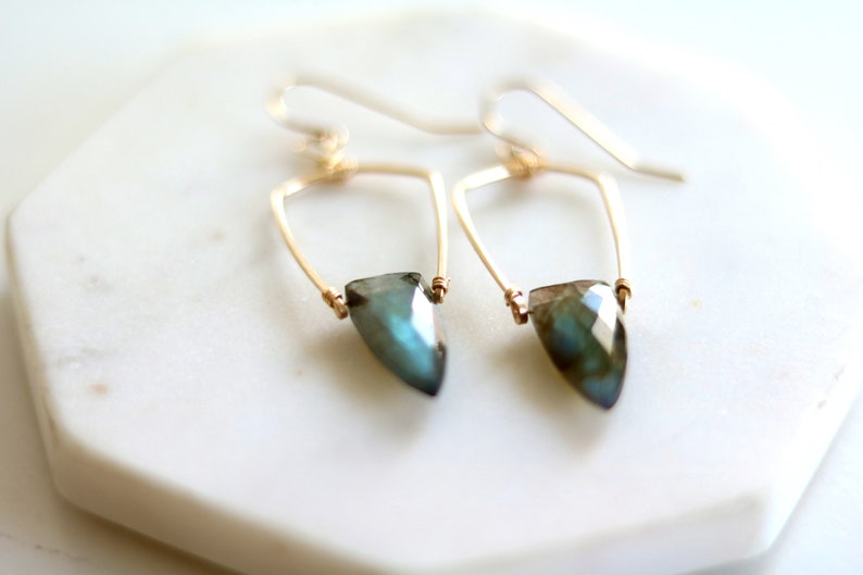 Statement Labradorite earrings art deco Surf shield dagger blue and gold Earrings seagreen jewelry, gift under 100 Vitrinedesigns image 4