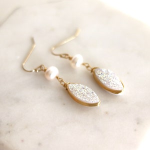 White druzy earrings Marquise earrings freshwater pearl druzy earrings sparkle bling gift for women amaretto drusy Leaf Petal VitrineDesigns image 2