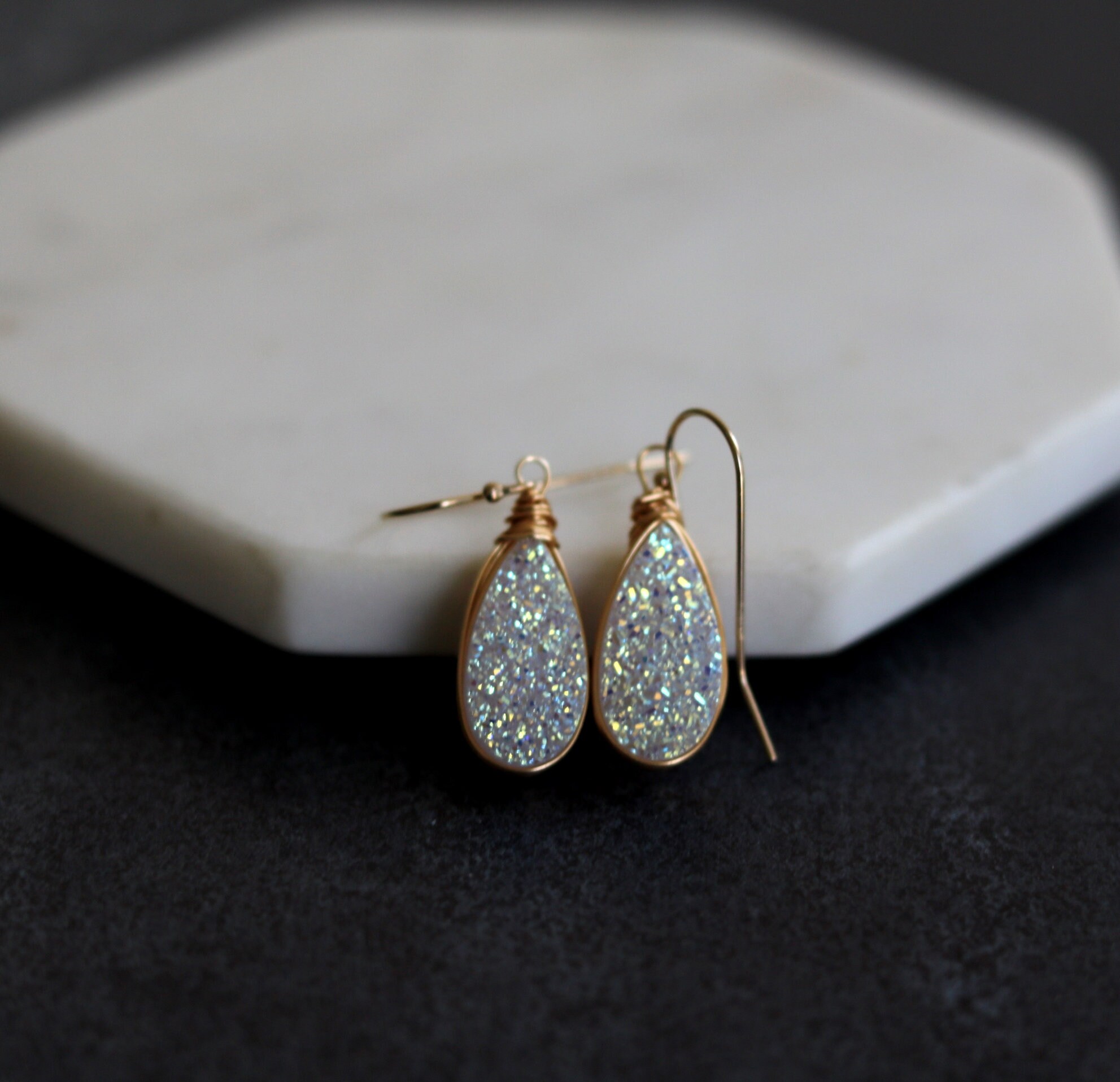 Alchemia White Druzy Oval Drop Earrings