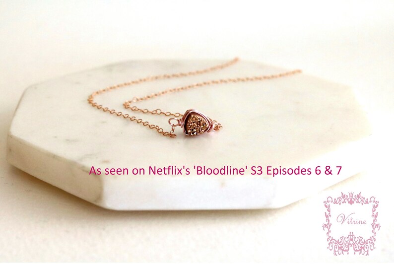 As seen on Netflix /'Bloodline/' Rosegold Druzy Necklace Trillion Gold druzy pendant choker VitrineDesigns