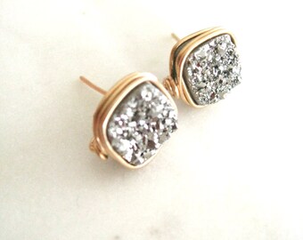 Silver Druzy Studs Post earrings silver square geometric earrings Under 55 Vitrine Designs