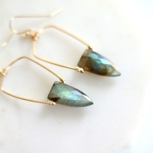 Statement Labradorite earrings art deco Surf shield dagger blue and gold Earrings seagreen jewelry, gift under 100 Vitrinedesigns image 5