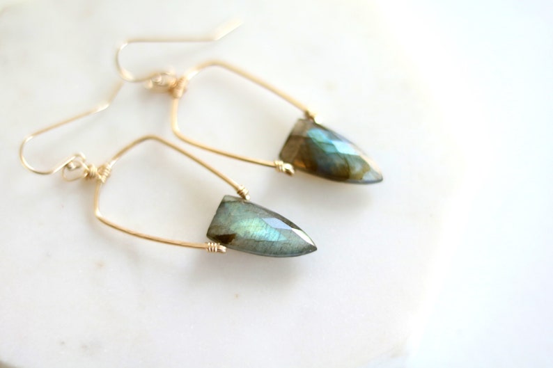 Statement Labradorite earrings art deco Surf shield dagger blue and gold Earrings seagreen jewelry, gift under 100 Vitrinedesigns image 5