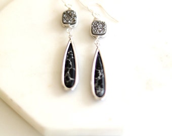 Black Marble Statement earrings  Silver Drusy teardrop earrings Red carpet earrings VitrineDesigns