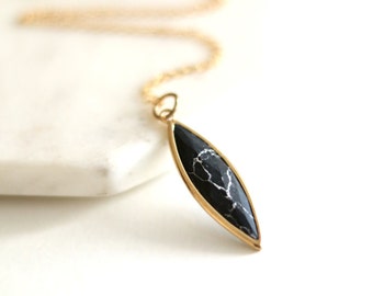 Black Marble Pendant necklace 14K goldfilled Marquise drop gift under 50 VitrineDesigns