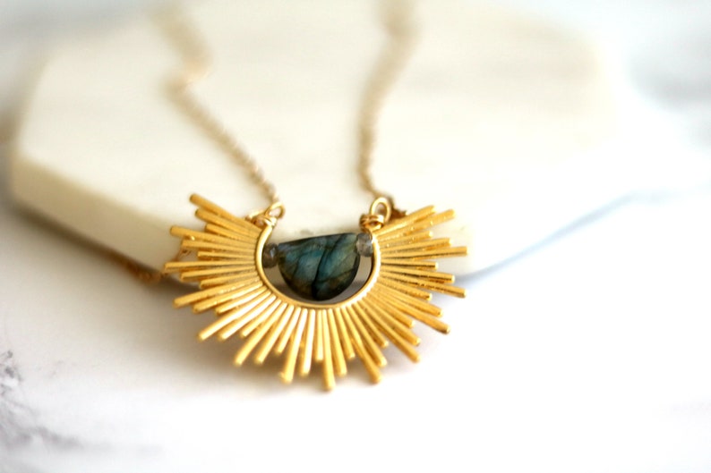 Sunburst Necklace with Black Copper Turquoise, as seen on Firefly LaneLabradorite, Rainbow moonstone VitrineDesigns Statement necklace Labradorite