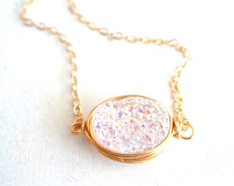 White Druzy Necklace Amaretto Gold Druzy choker druzy oval geometric jewelry drusy necklace Under 60 Vitrine Designs