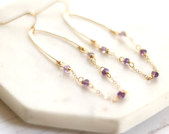 Amethyst hoop earrings, Modern Hoops, Hammered Gold, VitrineDesigns ombre purple amethyst, February birthstone, Aquarian gift