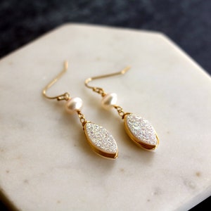 White druzy earrings Marquise earrings freshwater pearl druzy earrings sparkle bling gift for women amaretto drusy Leaf Petal VitrineDesigns image 6