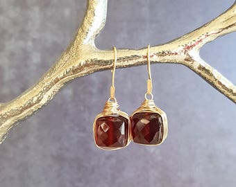 Red Garnet earrings, square bezel, January birthstone, minimalist geometric jewelry, Hammered Gold drops, Gift for her Red gemstone earrings