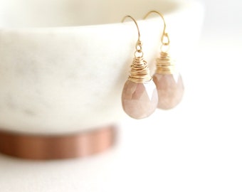 Peach Moonstone earrings, teardrop moonstone, june birthstone Bridesmaid gift peach gemstone seen on Tacari weddings VitrineDesigns