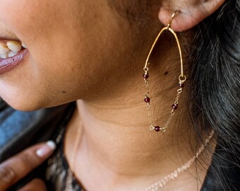 Red garnet gold earrings, Modern Hoops, garnet Hammered Gold hoops, As seen on Fuller House VitrineDesigns under 60