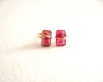 Pink tourmaline studs, tourmaline earrings, pink bar earrings, post earrings, dainty jewelry Baguette VitrineDesigns Under 150