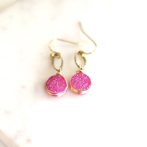 Hot pink Druzy Earrings fuchsia drops pink and gold gift for her under 50 VitrineDesigns image 6