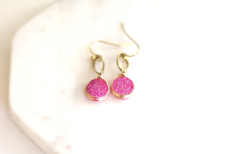 Hot pink Druzy Earrings fuchsia drops pink and gold gift for her under 50 VitrineDesigns image 6