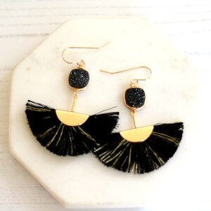 Black Druzy tassel earrings fan shape gold hoops statement earrings black and gold VitrineDesigns Black