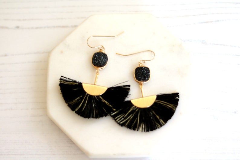 Black Druzy tassel earrings fan shape gold hoops statement earrings black and gold VitrineDesigns Black