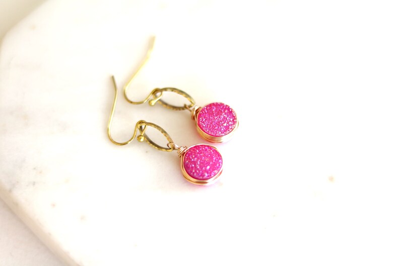 Hot pink Druzy Earrings fuchsia drops pink and gold gift for her under 50 VitrineDesigns image 3