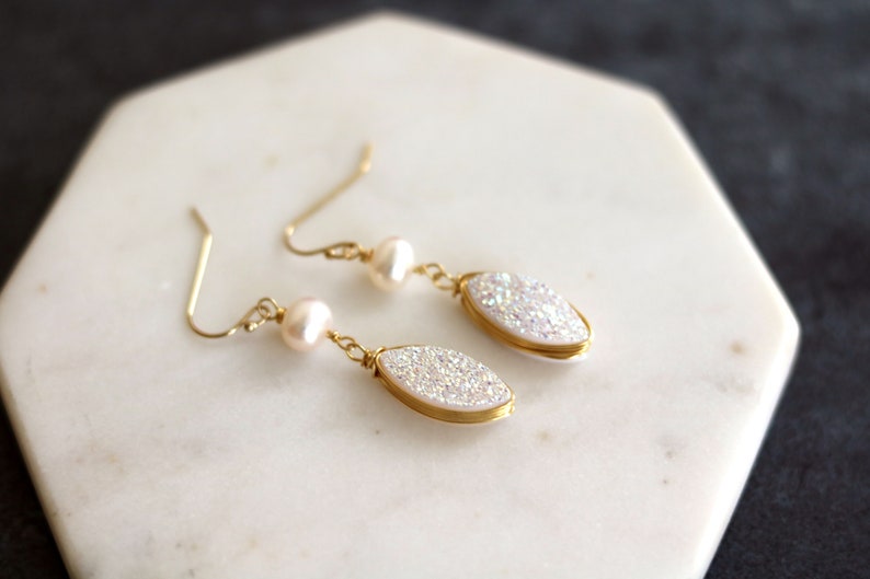 White druzy earrings Marquise earrings freshwater pearl druzy earrings sparkle bling gift for women amaretto drusy Leaf Petal VitrineDesigns image 5