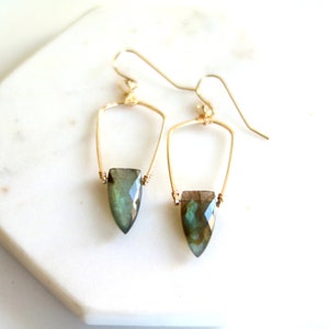 Statement Labradorite earrings art deco Surf shield dagger blue and gold Earrings seagreen jewelry, gift under 100 Vitrinedesigns image 6