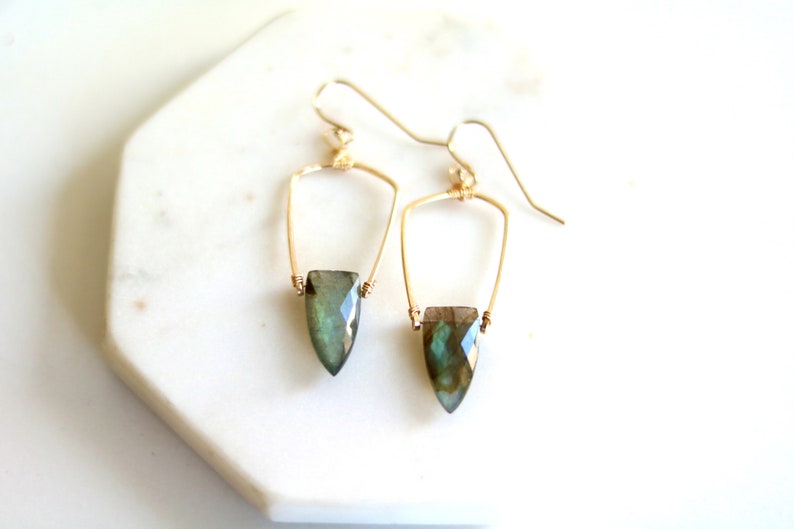 Statement Labradorite earrings art deco Surf shield dagger blue and gold Earrings seagreen jewelry, gift under 100 Vitrinedesigns image 6