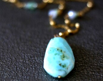 Peruvian Opal necklace, Long Statement Necklace, Boho Bohemian gold Mint green aqua October birthstone