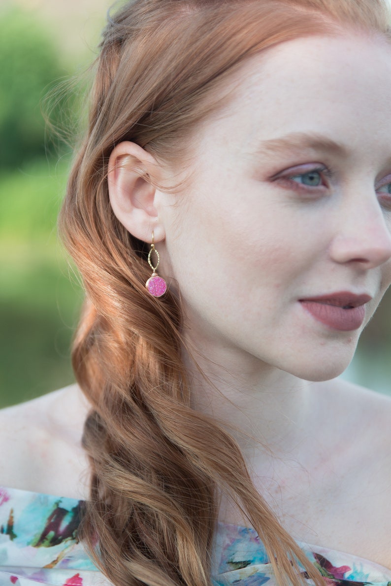 Hot pink Druzy Earrings fuchsia drops pink and gold gift for her under 50 VitrineDesigns image 2