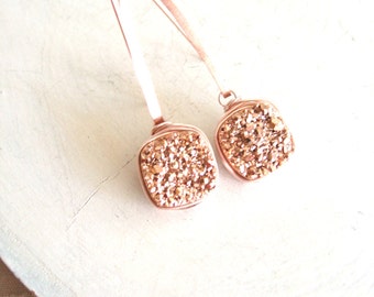 Rose Gold Druzy Earrings, hammered gold square Druzy dangles, Drusy quartz, fall  jewelry Pink gold Gift for her Under 75