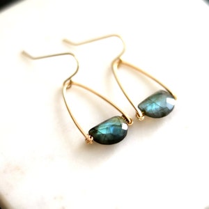 Aquamarine earrings March birthstone jewelry, blue and gold Art Deco earrings halfmoon Rockpool Earrings VitrineDesigns image 5