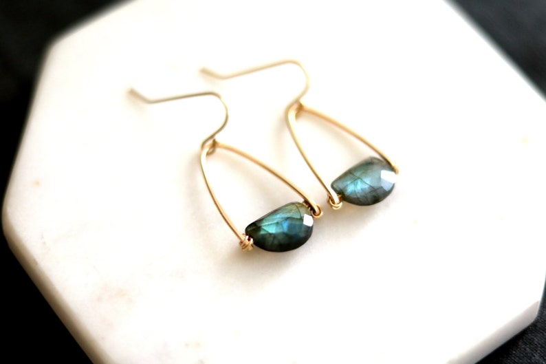 Aquamarine earrings March birthstone jewelry, blue and gold Art Deco earrings halfmoon Rockpool Earrings VitrineDesigns image 5