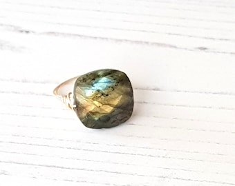 Labradorite Ring Statement Cocktail Ring Isla Ring green grey gemstone ring cushion square by VitrineDesigns under 75