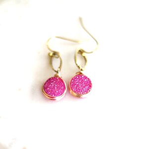 Hot pink Druzy Earrings fuchsia drops pink and gold gift for her under 50 VitrineDesigns image 5