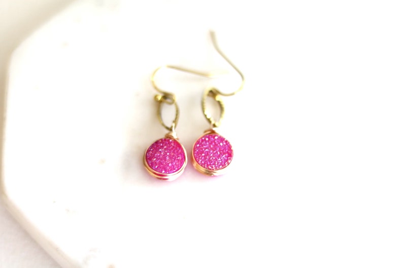 Hot pink Druzy Earrings fuchsia drops pink and gold gift for her under 50 VitrineDesigns image 5