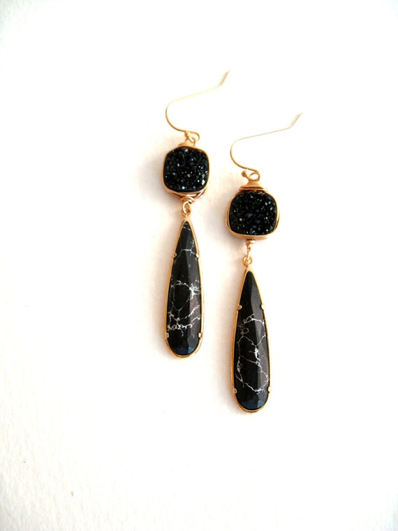 Druzy Earrings Black Marble Statement Earrings Gold Drusy Long