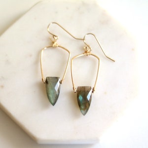 Statement Labradorite earrings art deco Surf shield dagger blue and gold Earrings seagreen jewelry, gift under 100 Vitrinedesigns image 7