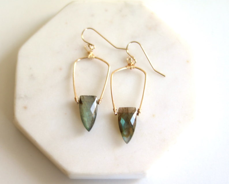 Statement Labradorite earrings art deco Surf shield dagger blue and gold Earrings seagreen jewelry, gift under 100 Vitrinedesigns image 7