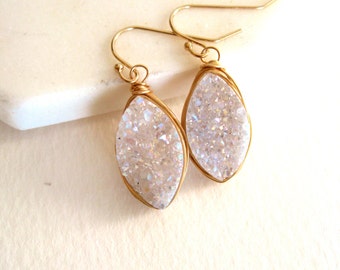 White druzy earrings, Marquise earrings Gold, rosegold, silver amaretto drusy Leaf Petal VitrineDesigns