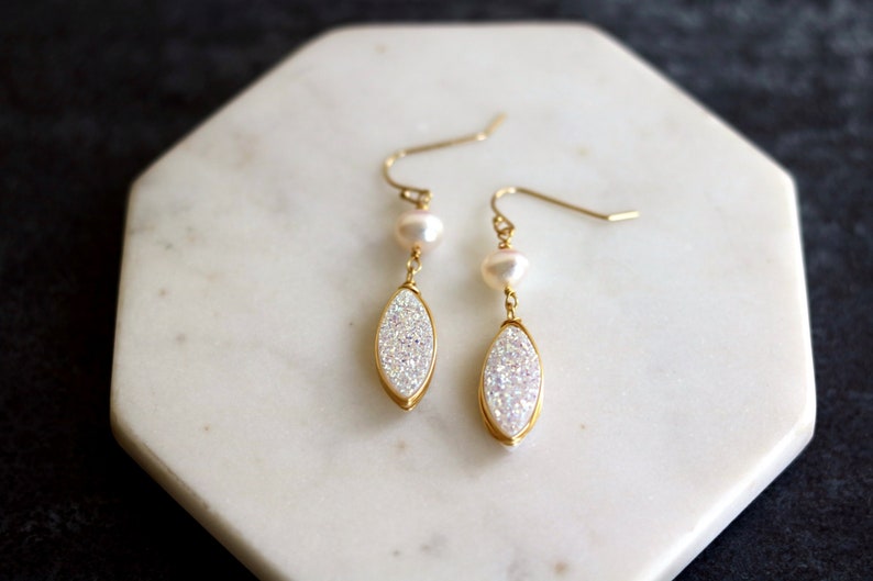 White druzy earrings Marquise earrings freshwater pearl druzy earrings sparkle bling gift for women amaretto drusy Leaf Petal VitrineDesigns image 1