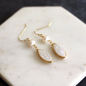 White druzy earrings Marquise earrings freshwater pearl druzy earrings sparkle bling gift for women amaretto drusy Leaf Petal VitrineDesigns image 3