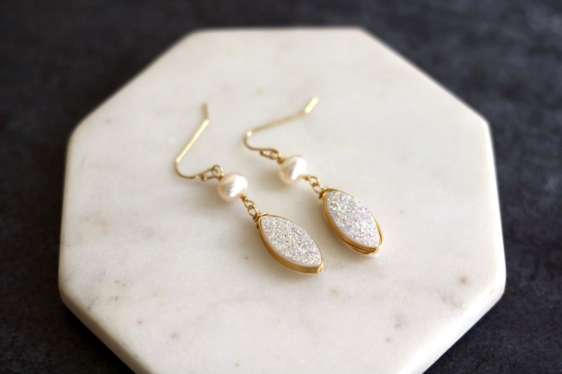 White druzy earrings Marquise earrings freshwater pearl druzy earrings sparkle bling gift for women amaretto drusy Leaf Petal VitrineDesigns image 3